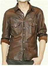 Men's Leather Shirt Real Lambskin Lederhemd Jacket Biker Slim Fit Cuir Brown