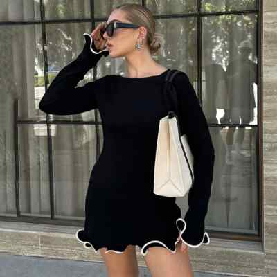 Black Ruffle High Waist Mini Dress Women's Sexy Slim Long Sleeve Short Skirt | eBay Black Ruffle High Waist Mini Dress Women's Sexy Slim Long Sleeve Short Skirt | eBay
