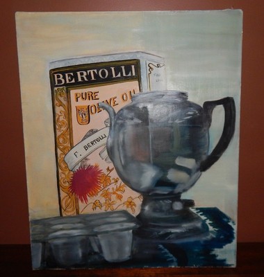 Bertolli Olive OIL,  Italian Coffee Pot, A Fabulous Original Oil Painting, MINT.
