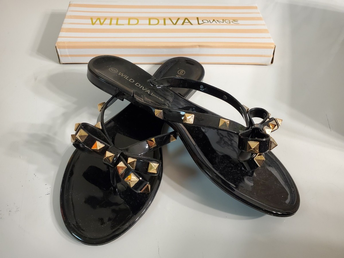 NIB Wild Diva Rhinestone Spiked Bow Bling Jelly Diamond Slides Sandals Size  US