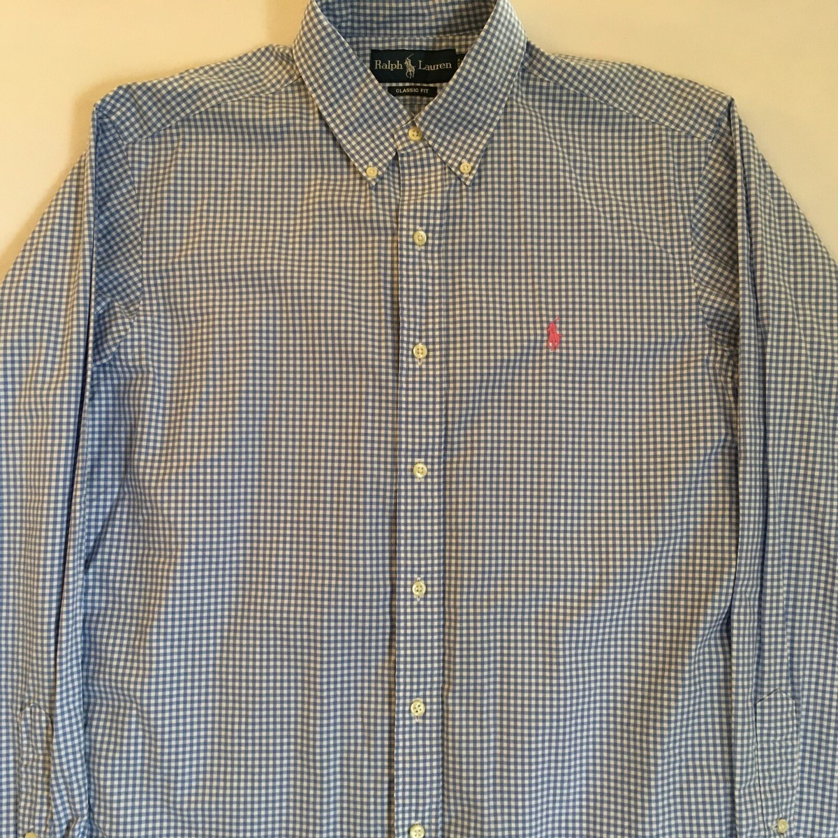 Ralph Lauren Men's Blue White Gingham Check Pink Logo L/S