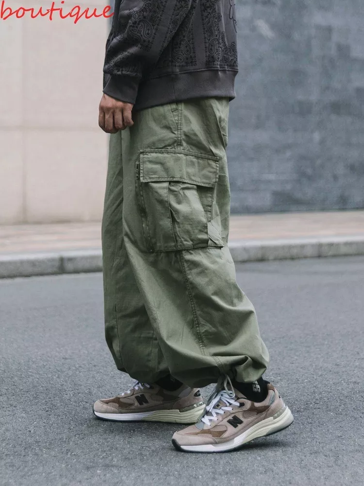 Japanese Vintage Youth Army Green Loose Fit Cargo Overalls Mens