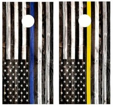 First Responders Thin Blue Line Yellow Line Barnwood Cornhole Board Wraps  3178