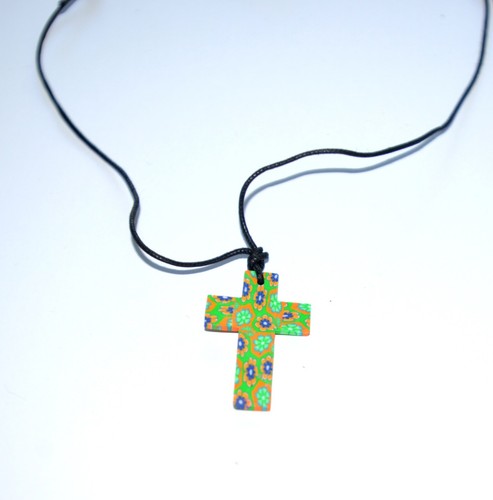Rubber Cross Crucifix Pendant Floral Pattern Necklace On Adjustable Black Cord - Picture 3 of 8