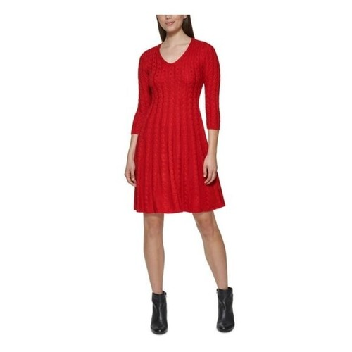Cable Knit Sweater Dress Red V-Neck Above Knee Jessica Howard XL - Picture 4 of 14