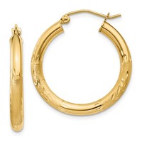 14k Yellow Gold Satin & Diamond-cut 3mm Round Hoop Earrings. 25mm Diameter. on sale 14k Yellow Gold Satin & Diamond-cut 3mm Round Hoop Earrings. 25mm Diameter. on sale