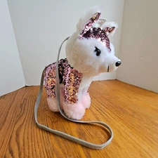 Girls Crossbody Dog Purse White with Pink Sequined Body Soft Plush Zip Closure