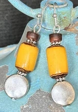 Golden Yellow Tribal Beads and Silver Dangle Earrings. Bohemian Chic.