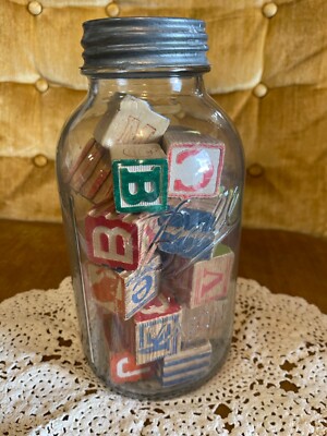 Ball Jar full of Wood Alphabet Blocks with zinc lid 9  tall