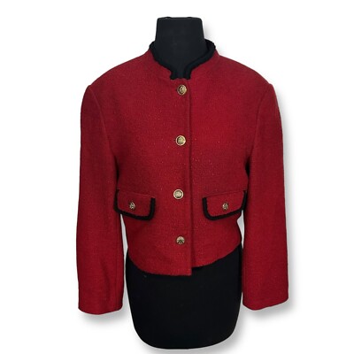 EUC Zara Tweed Jacket Cropped Blazer Gold Buttons Red Black Trim Womens M 