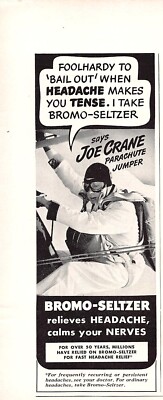 Bromo-Seltzer Parachute Jumper Joe Crane Endorsed Bail Out Vtg Magazine Print Ad