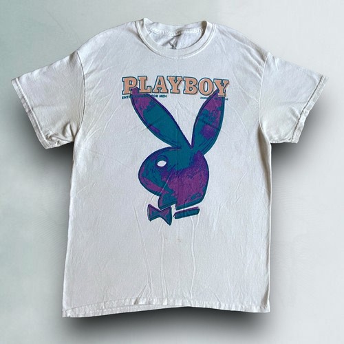 Playboy T-Shirt Mens M White Bunny Logo Purple Graphic Tee Magazine Cover Art