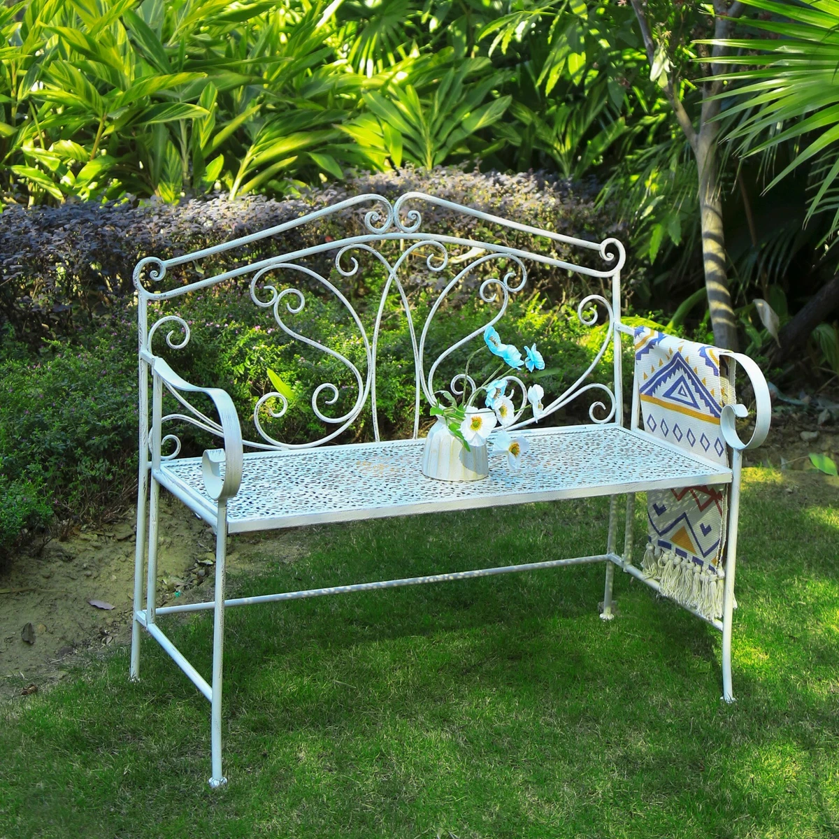 Metal Garden Bench Patio Furniture Outdoor Seat Iron Antique White