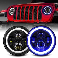 Pair 7" Round LED Headlights Blue Halo Angle Eyes For Jeep Wrangler JK LJ TJ CJ