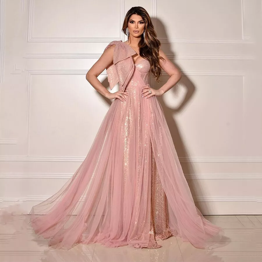 Dreamy Prom Gown A line Mesh Dress Illusion One Shoulder Bow