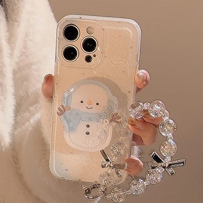 Schneemann Griff Ständer Handy Hülle Kristall Perlen für iPhone 16 15 14 Pro Max