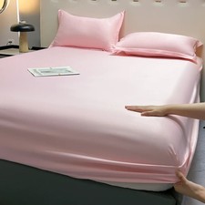 Summer Solid Colour Satin Rayon Elastic Fitted Sheet Mattress Cover Single Doubl