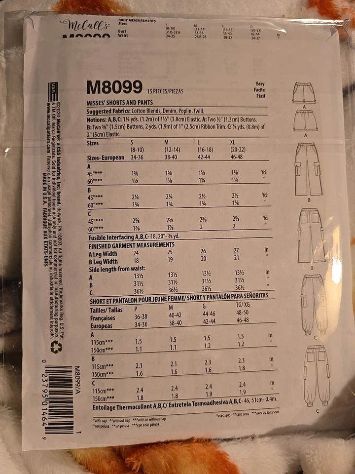 MCCALLS PATTERN 8099  PANTS SHORTS LINA MISSES SIZES SMALL MED LARGE XLG  NEW - Image 2 of 2