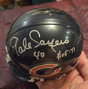 Mike Ditka and Gale Sayers signed Chicago Bears Riddell mini helmet.