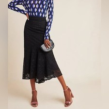 NWOT Maeve by Anthropologie Black Viviette Flounced Lace Midi Skirt Size 6