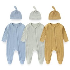Unisex Newborn Baby Long Sleeve Romper 3-Pack with Matching Hats Solid Color ...