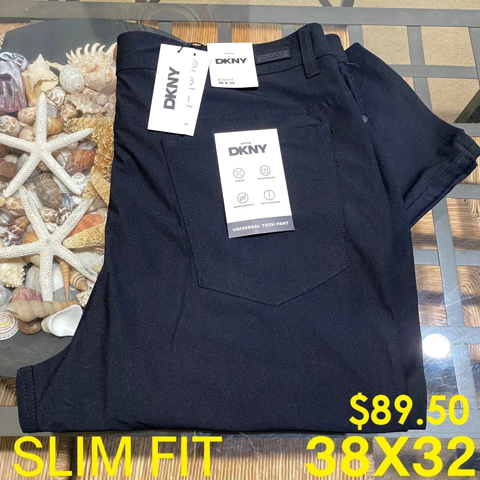 $90 DKNY MAN BLACK 38X32 SLIM FIT STRETCH TECH PANT NWT