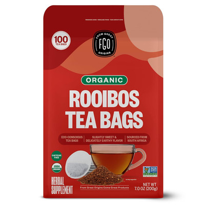 FGO Organic Rooibos Herbal Tea Bags, Caffeine Free, Eco Tea Bags, 100 ct