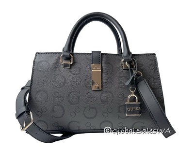 GUESS Logo Delvin Coal Black Crossbody Faux Leather Satchel Handle