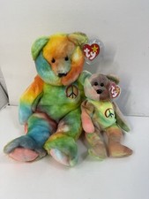 Ty Beanie Buddy & Beanie Baby Peace the Bear (Dark Tie Dye) Lot -- MWMT  #1