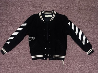 Off-White Men's Varsity Jacket Black White Logo Button Striped Size S