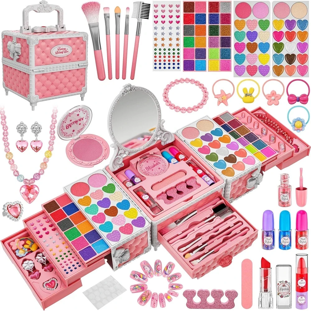 99 Pcs Kids Makeup Kit for Girls, Princess Toys Real Washable Cosmetics Set with