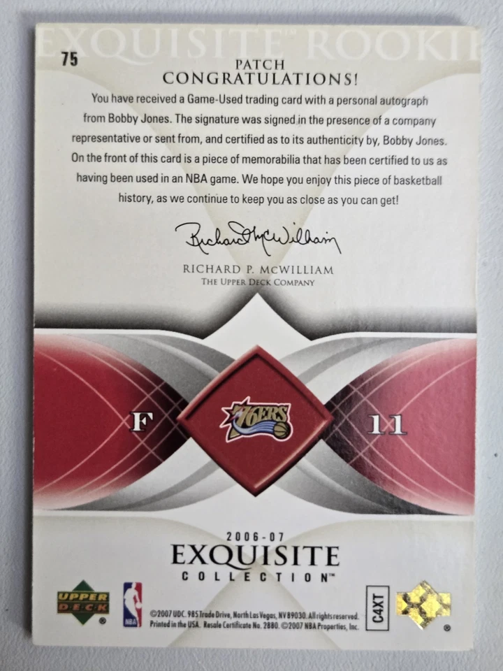 Bobby Jones 2006-07 UD Exquisita Colección Novato Parche Autógrafo 057/225 Foto 2 de 3