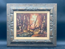 Artist Signed Mid Century Autumn Woods Landscape Painting, Framed