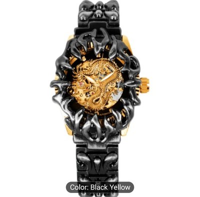 Men's Black Gold Analog Wristwatch with Skeleton Dragon Dial Round Case