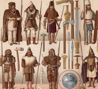 BARBARIAN EUROPE - Ancient Warriors, Armor & Tribal Weapons 1888 Antique Print