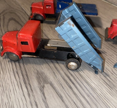 (3) Vintage Friction Dump Truck Tin Toy Blue Red Japan 6” - Picture 2 of 10