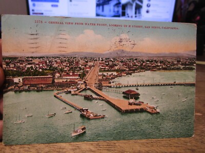 D3 CALIFORNIA Old Postcard San Diego Looking Up H Street from Waterfront Pier