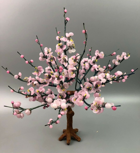 Vintage Chinese Asian Rose Quartz Stone Bonsai Cherry Blossom Tree Ebay
