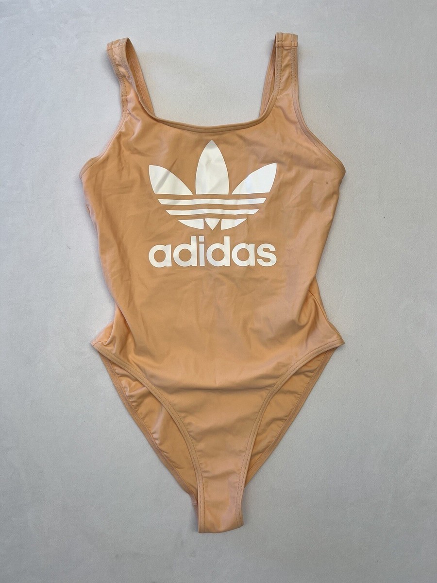 Adidas Womens Peach Open Back High Leg Trefoil Logo One-Piece