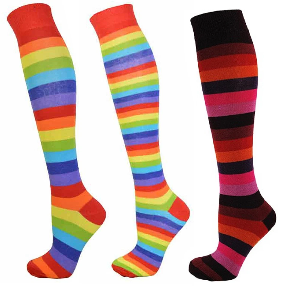 MACAHEL Women Cotton Rich Rainbow Stripe Colour Knee High Socks One Size 4 - 8