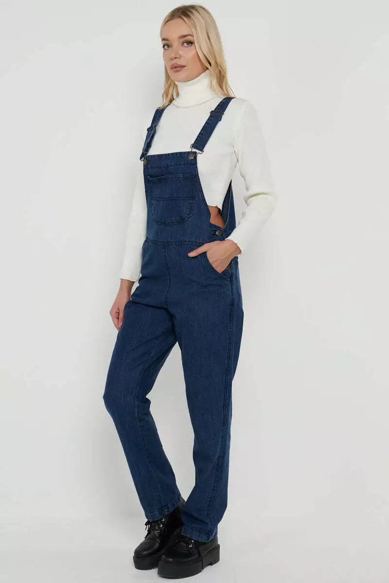 Womens Dungarees Straight Leg Blue Regular Fit All in One Ladies Denim  Jumpsuit