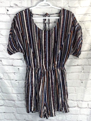 BCBGeneration Striped Romper Short Sleeves Open Back & Tie Short 