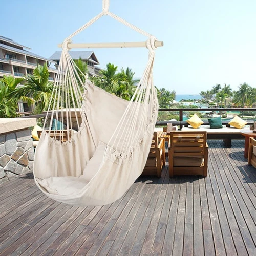 Cotton Canvas Hanging Rope Chair With Pillows Distinctive Beige Hammock Chair