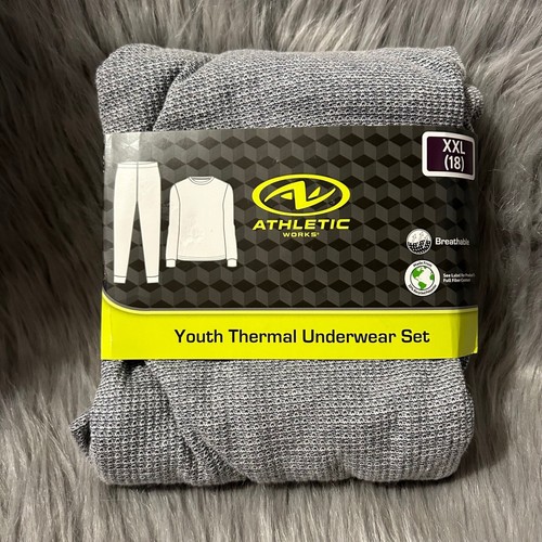 Athletic Works Thermal Underwear Set Boy Size XXL (18) Grey Waffle Pajama Set
