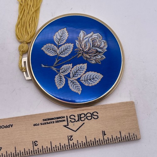 VTG Handbag Mirror w/ Sliding Handle Metal Compact Blue Rose Made in England D2 - Picture 4 of 5