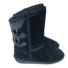 Bear Paw Women's Suede Knit Sheepskin Mid Calf Boots Boshie Size 4  Youth Black