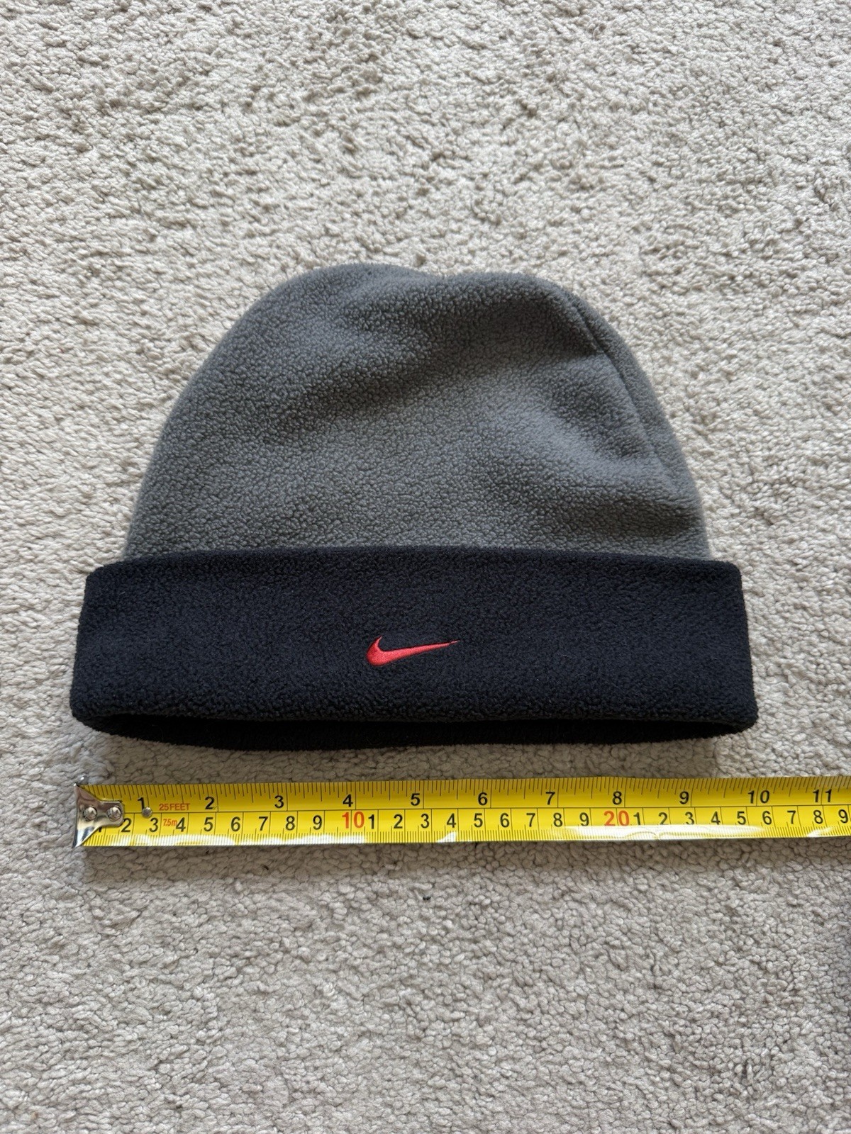Nike Fleece Beanie Hat Gray Black Red Swoosh Y2K 2001 One Size Winter Cap