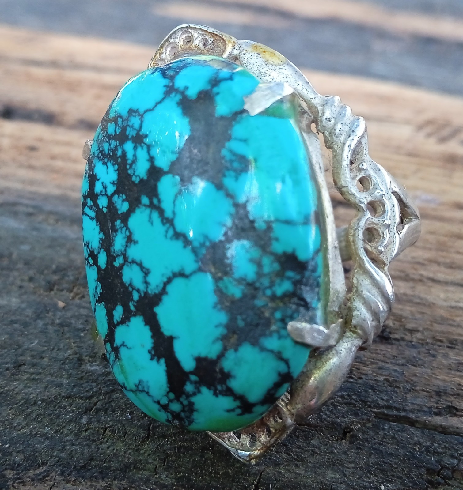 Bague en argent massif et turquoise véritable du Tibet sertie à la main pour femme