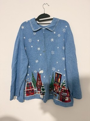 Liz & Me Weihnachts Strickjacke 2X Winterdorf Schneeszene Reißverschluss Pullover Übergröße