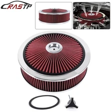14" X 4" Round Red Thru High Flow Washable Air Cleaner w/ Chrome Lid For SBC BBC